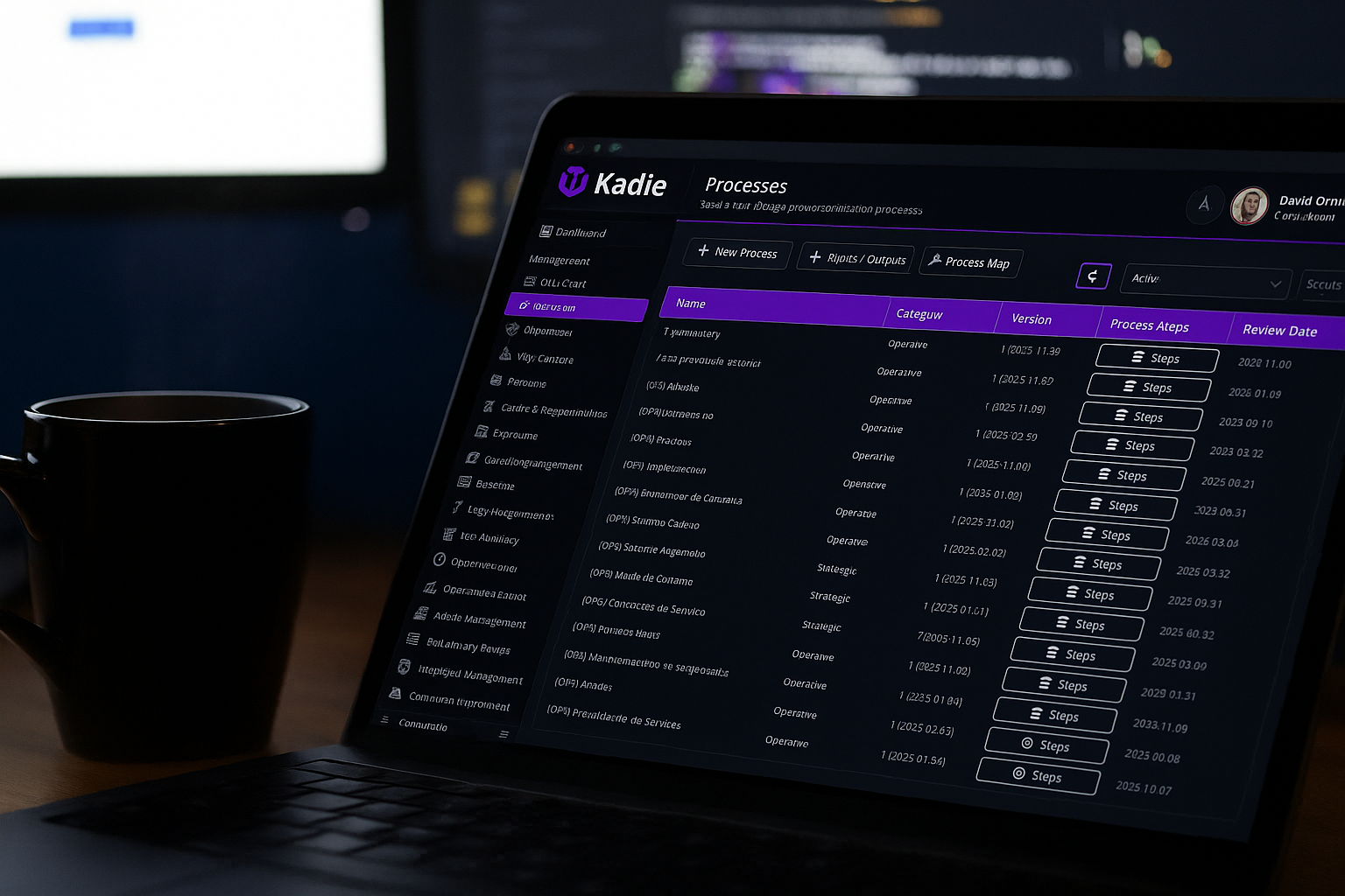 Kadie processes workspace on a laptop.