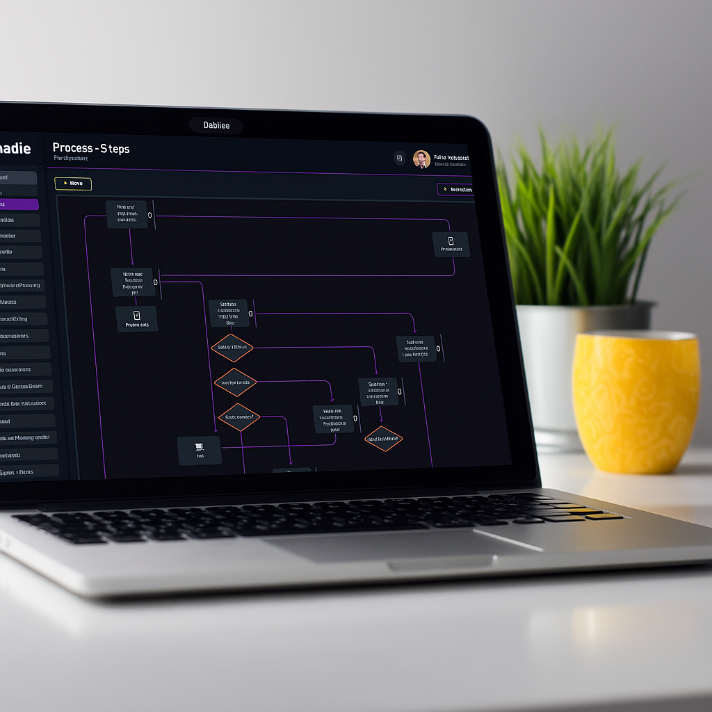 Kadie process steps on a laptop in a bright workspace.